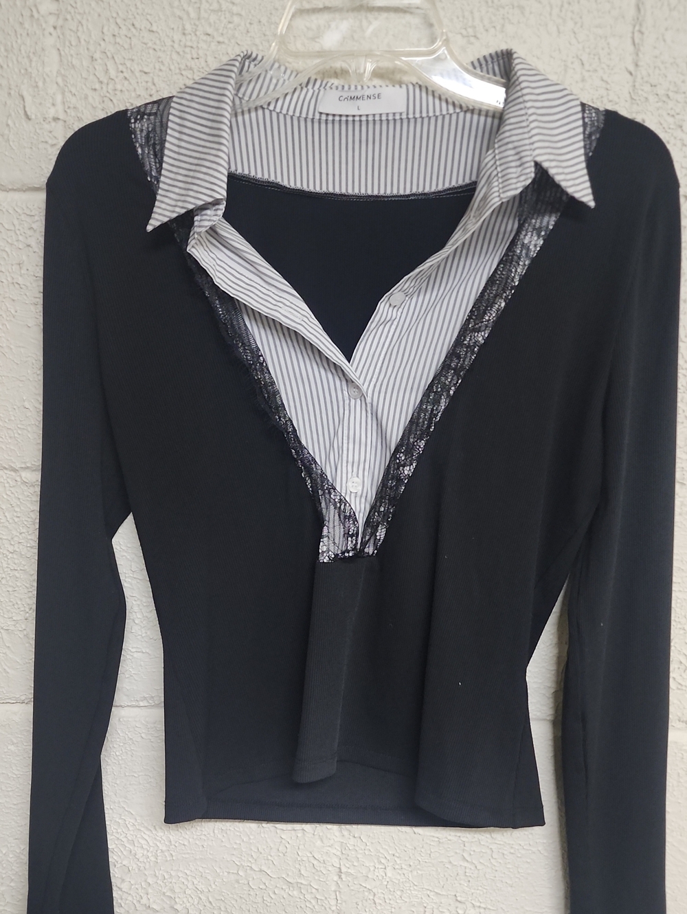 Commense Black Layered-Look Long Sleeve Top with Striped Collar